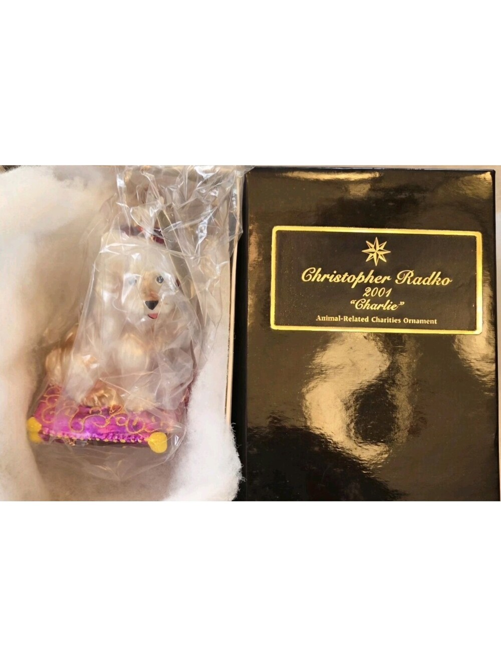 NEW Christopher Radko 2001 Charlie Dog Charity Glass Ornament w/Tag & Box